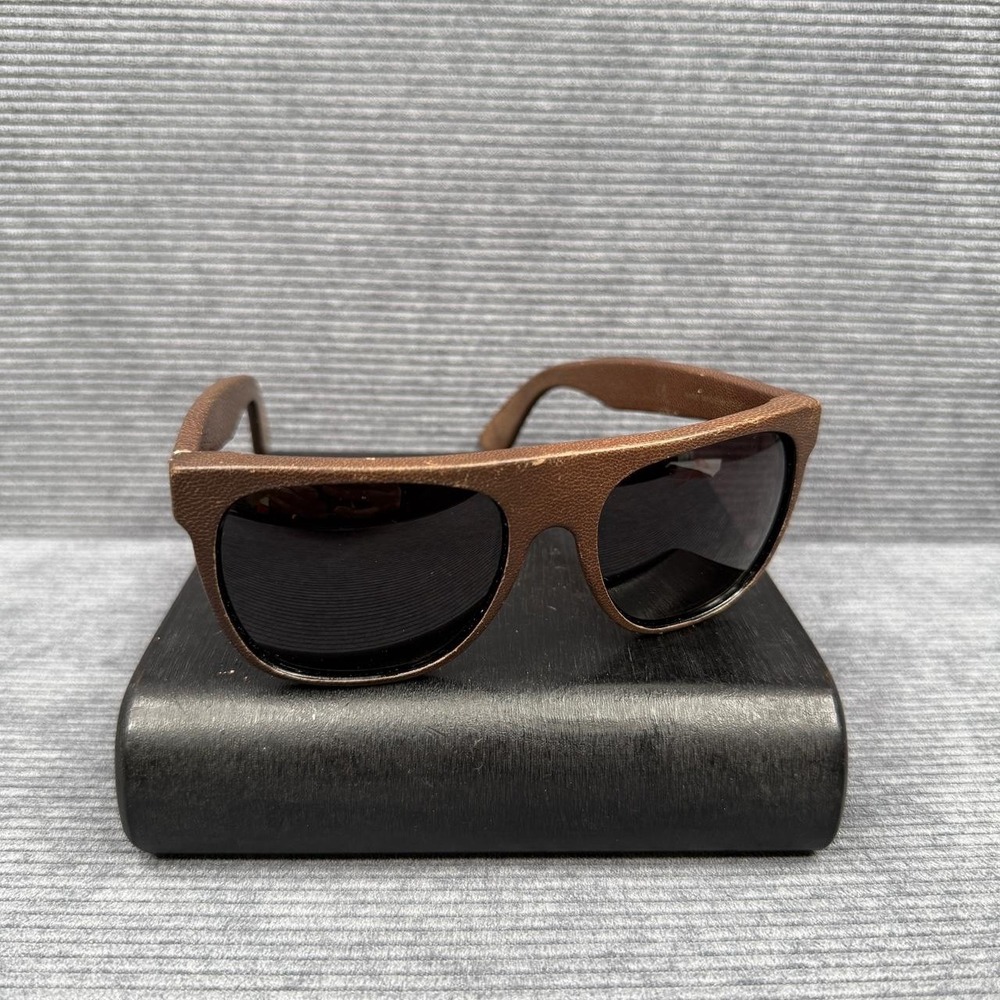 SUPER by RetroSuperFuture Flat Top Brown Leather Wrapped Sunglasses Italy